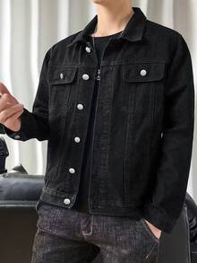 Plus Size Men's Single-Breasted Casual Denim Jacket, Versatile For Commuting - Black - View 3