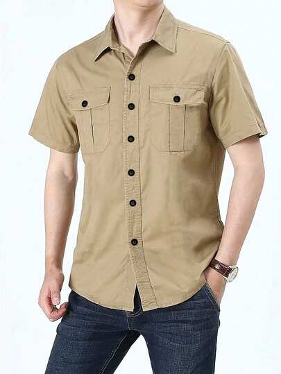 Men's Short Sleeve Shirt, Summer Military Green Casual Solid Color Shirt, Workwear Shirt