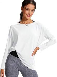 VIOPY Playera Deportiva Manga Larga Mujer Camisetas Deportivas Mujer de Entrenamiento Oversize con Pima Algodón Cuello Barco Blusas Deportivos Secado Rápido para Yoga Gym Yoga y Uso Diario - Blanco - Ver 8