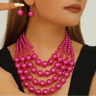 Överdrivet flerskiktat hänge handgjort pärlhalsband med fuskpärlor, retro boho-stil avslappnad tröjkedja, örhängen