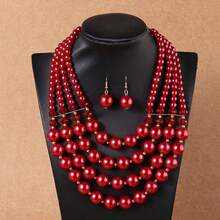 Överdrivet flerskiktat hänge handgjort pärlhalsband med fuskpärlor, retro boho-stil avslappnad tröjkedja, örhängen