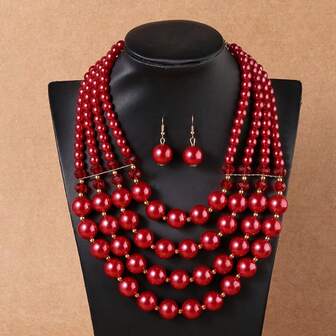 Exaggerated Multi-Layer Catkin Handmade Beaded Faux Pearl Necklace, Retro Boho Style Casual Sweater Chain, Earrings