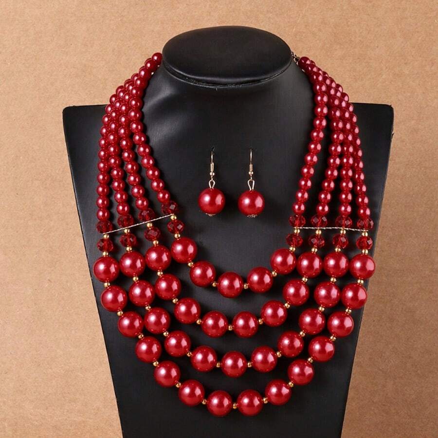 Överdrivet flerskiktat hänge handgjort pärlhalsband med fuskpärlor, retro boho-stil avslappnad tröjkedja, örhängen