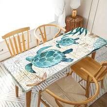 1件海洋主题海龟贝壳艺术拼贴印花弹力边桌布，适合户外餐桌、茶几和厨房使用，增添温馨美感，也可用作户外露台遮盖物、野餐配件，室内外均可使用。