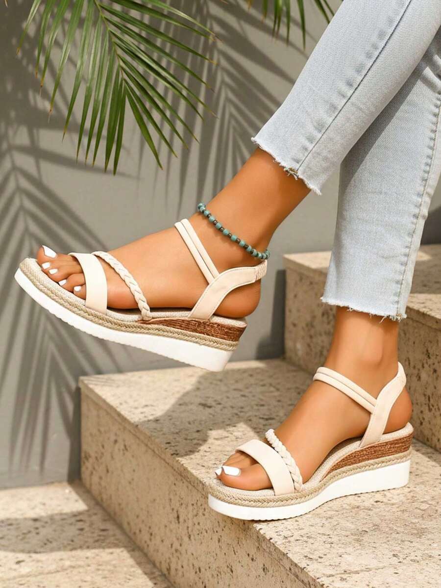 Modische Damen Sommer Casual Urlaubs-Stil Seil gewebte Sohle Offene Zehe Keilabsatz Sandalen, Schlüpfen, einfarbig vielseitig für Innen und Außen Strand Keilsandalen - Beige - Übersicht 1