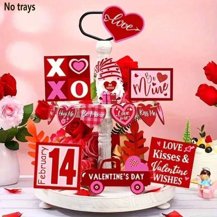 13件套情人节装饰多层托盘套装，含装饰标牌和牌匾 - 卡车、矮心“做我的爱人，爱我，拥抱我” - 室内/室外餐桌摆件，家居装饰 - 餐桌摆件 - 情人节装饰品 - 彩色 - 查看 1