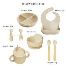 8pcs/6pcs/5pcs Baby Feeding Utensil Set, Silicone Tableware, Bib, Plate, Bowl, Fork & Spoon, Straw Cup - Multicolor - View 7