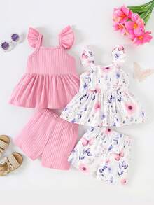 4pcs/Set Baby Girls Floral Print & Solid Ribbed Sleeveless Top + Casual Comfy Shorts Set, Summer - Pink - View 2