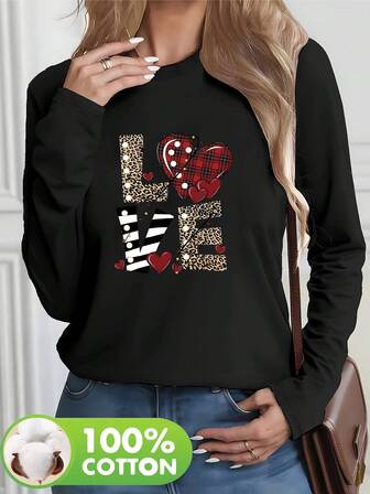 Plusstorlekar damkläder för vardagsbruk kärleksbokstäver tryck, leopardstruktur, randig struktur, rutig hjärta, liten hjärtdekoration rund hals långärmad elegant t-shirt, lämplig för vår, sommar, höst, alla hjärtans dag/tillbaka till skolan säsong dammönster t-shirt, present till fru, alla hjärtans dag-present, överraskning