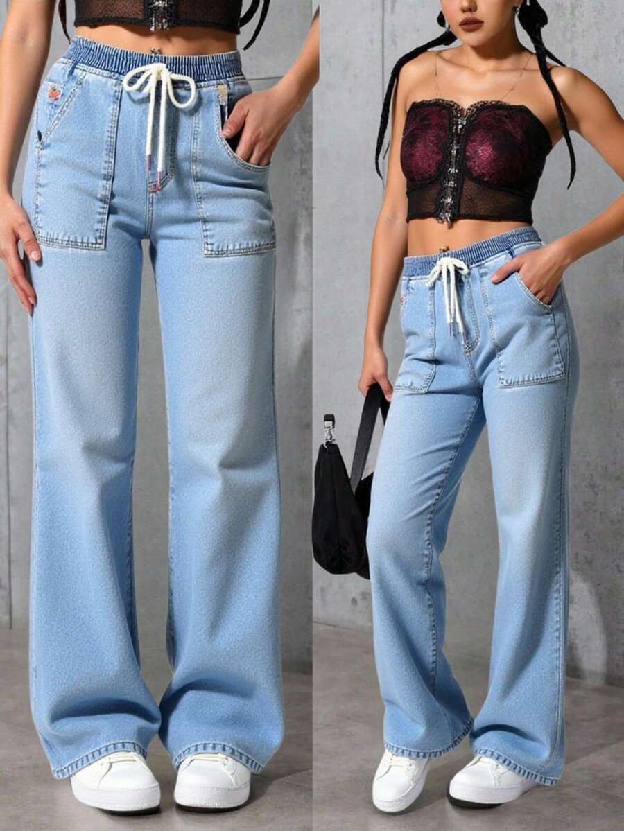 Pantalones de mezclilla de mujer de moda con bolsillos, diseño de pierna ancha y cintura ajustable con cordón - Perfectos para un estilo casual y cómodo - Azul claro - Ver 1