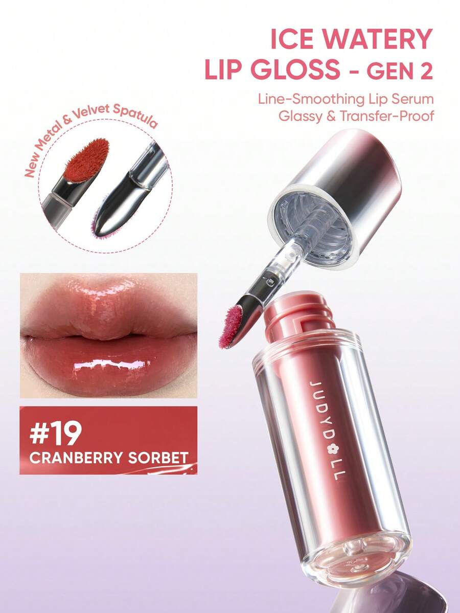 JUDYDOLL Ice Watery Lip Gloss-Gen 2 Shiny Mirror Lip Gloss, Moisturizing & Nourishing Essence, Long-Lasting - 19 CRANBERRY SORBET - 查看 1