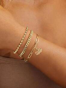 Nooxian 3pcs/Set Women Bracelet Set, Bohemian Summer Beach Style, Includes Golden Plated Multi-Layer Basic Chain, Curb Chain, Beaded Chain, Paperclip Chain, Zirconia Octopus Pendant, Multi-Layer Stacking Bracelets, Ocean Series Jewelry Gift - Yellow Gold - View 2