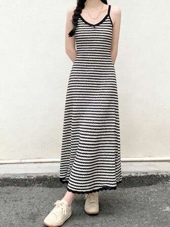 ウィメンズロングカジュアル ストライプ柄 スパゲッティストラップ サマー マルチウェア ドレス