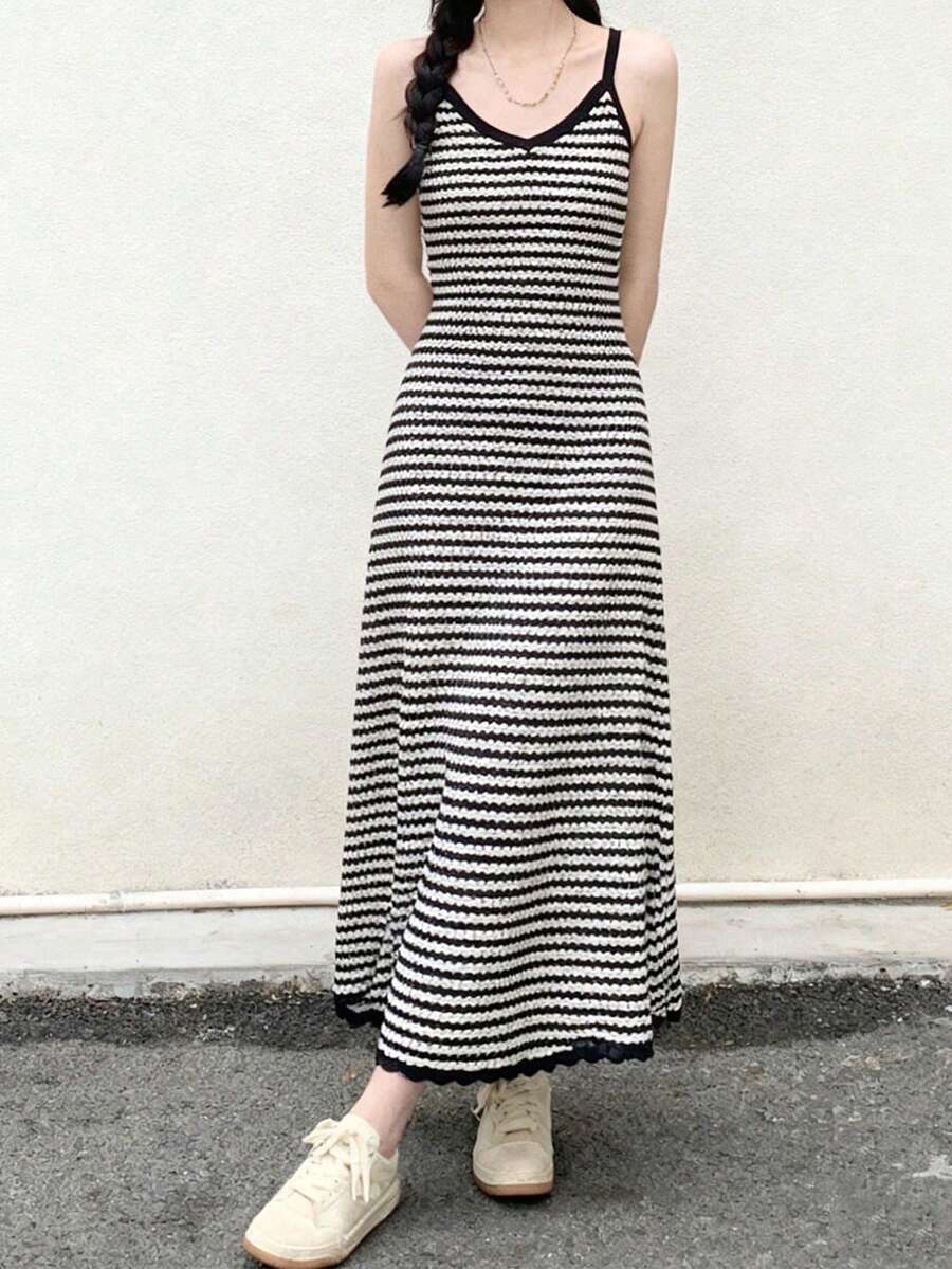 女士长款休闲条纹吊带夏季百搭连衣裙，优雅黑色 - 黑色 - 查看 1