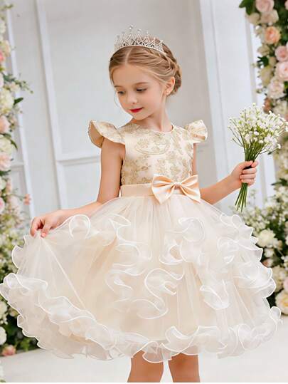 Girls' Embroidered Tulle Princess Dress, Flower Girl Dress For Wedding, Birthday Party, Recital, Piano Performance, Evening Gown