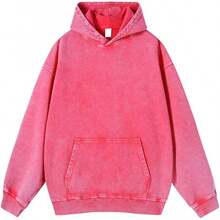 [Free Shipping]Mens Hoodies Oversized Unisex Acid Wash Hoodie Heavyweight Fleece Vintage Cotton Sweatshirt Men Women - 熱粉紅 - 查看 9