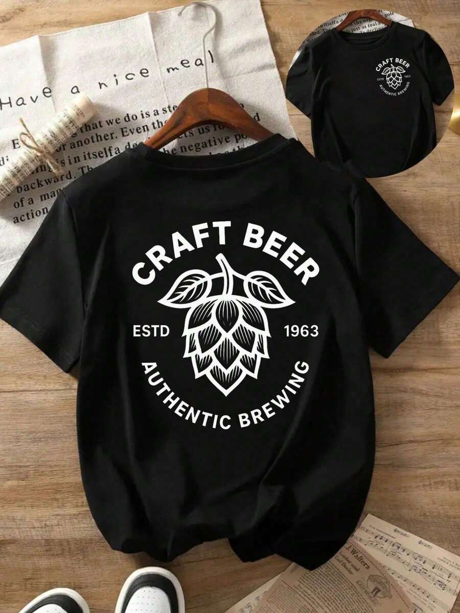 Women's Vintage-Inspired Craft Beer Graphic T-Shirt - Black Short Sleeve Casual Top With Front & Back Print, ESTD 1963 Authentic Brewing Design, Comfort Fit Round Neck, Machine Washable, Beer Shirt, Relaxed Fit Tee, Everyday Clothing, Durable Print Tee, Breathable Fabric - Noir - Voir 1