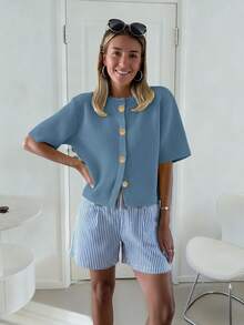 女士时尚法式柔软蜡感宽松针织开衫，女士宽松短款针织毛衣上衣，春夏款 - 霧霾藍 - 查看 2