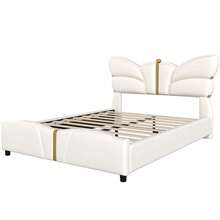 MERAX Queen Size Upholstered PU Leather Bed Frame, With Butterfly Shaped Headboard And Footboard, Platform Bed Frame With Gold Metal Decorations, No Box Spring Needed, Beige - Màu be (Giường Queen) - Xem 9