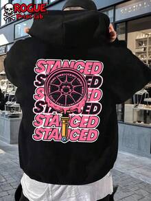 Stanced Wheel Design Men'S Hoodie Autumn Winter Casual Sweatshirt With Pockets Funny Print Retro Style Back Graphic Large Size Streetwear Car Enthusiast Outfit Urban Fashion For Men Stanced Text Repeated Pattern Black Hooded Jacket  Automotive Theme Male Clothing Streetwear Look - Black - View 1