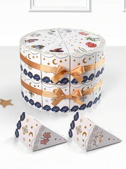 30个/10个斋月主题礼盒，白金银蓝配色圆形礼盒套装，可拆分成三角形放置礼物，饰有新月、椰枣树、灯笼、骆驼、绵羊图案，30个小盒子可用作30天斋月倒计时日历，优雅的阿拉伯风格图案，适用于开斋节、宰牲节等节日礼品、糖果、零食、小饰品包装，提升礼品展示和仪式感。