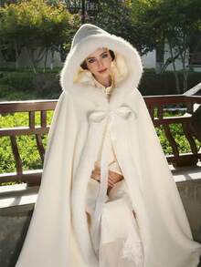 白色女士斗篷,婚礼披肩,伴娘披肩,保暖披肩,开领毛绒披肩 - 白色 - 查看 2