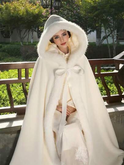 白色女士斗篷，婚礼披肩，伴娘披肩，保暖披肩，开领毛绒披肩