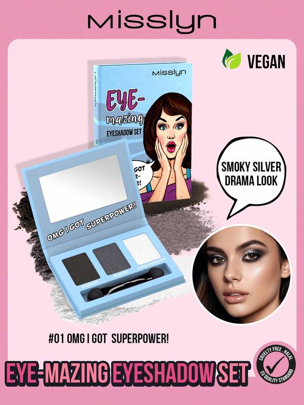  MISSLYN Eyeshadow Palette, 3-Color Eyeshadow With Mirror And Eyeshadow Brush, Matte, Pearlescent And Glitter Finishes, Smooth Texture Suitable For Sensitive Skin, Makeup Brand, Face Painting Cosmetics For Women And Girls, Winter Essential, Y2K Style, Fashion Versatile, Birthday Gift, Valentine's Day Gift, Party Essential, New Year Gift, Color Matching, Cruelty-Free And Vegan