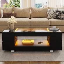 Black LED Coffee Table With Bluetooth App Control, Double-Layered High-Gloss Hollow Design Table, Suitable For Parties, Offices, Living Rooms - Black - View 3