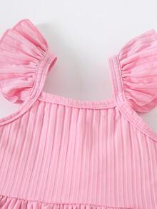 4pcs/Set Baby Girls Floral Print & Solid Ribbed Sleeveless Top + Casual Comfy Shorts Set, Summer - Pink - View 3