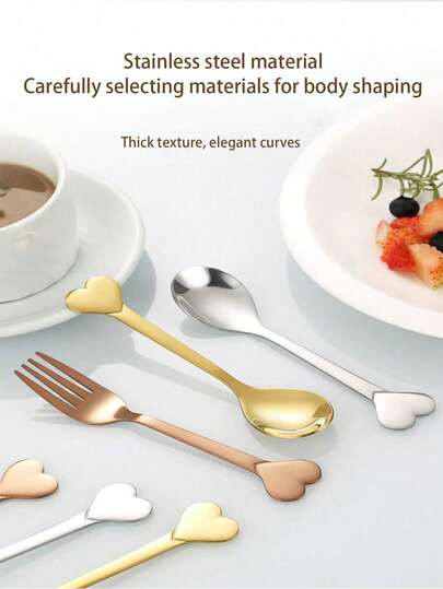 1pc/2pcs/4pcs/6pcs Premium Stainless Steel Heart Shaped Spoons, Dessert Spoons, Fruit Forks, Cross-Border Gift Tableware Set, Suitable For Kitchen, Dining Room, Hotel