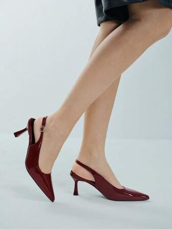 2025秋冬季女士酒红色高跟鞋，尖头露跟高跟礼服鞋，漆皮细高跟鞋，猫跟，优雅