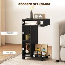 Side Table, C-Shaped Serving Trolley, 4 Wheels, 3 Compartments, 40 X 30 X 69 Cm, Black - Black - View 6