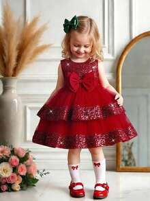 女婴纯色亮片网纱蝴蝶结薄纱蛋糕裙无袖可爱花童派对礼服，不含头饰 - 酒紅色 - 查看 4