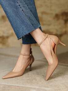 秋冬小众设计！超级舒适！法式杏色细带尖头高跟凉鞋，优雅迷人，细高跟。 - 杏色 - 查看 3