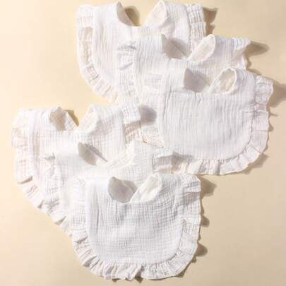 6pcs White Cotton Gauze Cute Baby Bibs, Drool Bibs Set With Ruffle Edges, Suitable For Daily Use