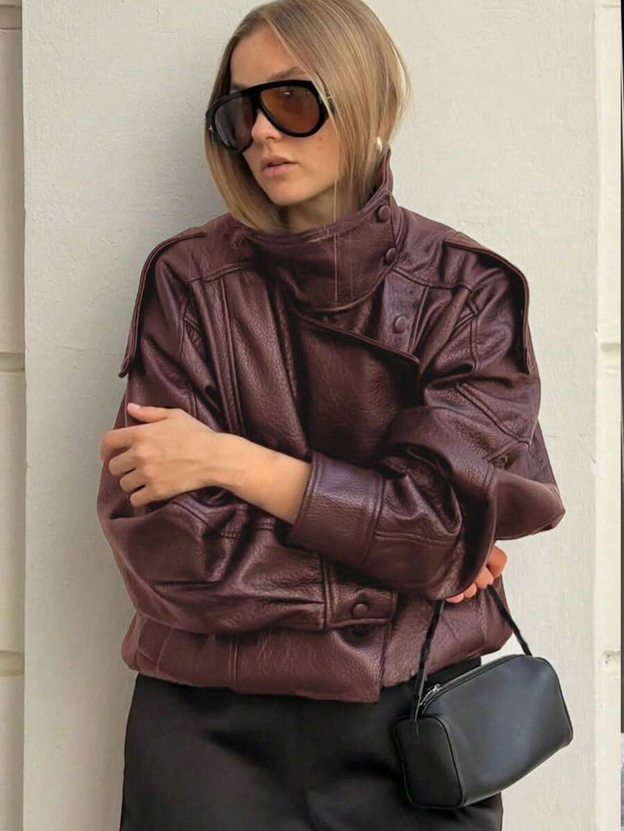 Women's Red PU Leather Jacket, Autumn/Winter Bomber Jacket Outerwear, Tops, Autumn Ladies Jacket, Long Sleeve Tops, Winter Button Coat - Redwood - View 1