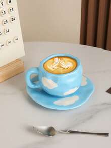 1pc Ins-Style Hand-Painted Cloud & Coffee Cup & Saucer Set, Ceramic Material, Suitable For Home, Office, Cafe, Great Gift Choice - Multicolor - View 1