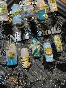 10pcs Handmade Fully Covered Square Nails Acrylic Kit,Blue&Apricot Nail,Blue&Apricot French,Blue Tie Art,3D Stereo Rhinestone&Flower&Star Moon&Chain Bead Nail Art Accessories Decoration,Handmade Chrome Powder Sun And Moon& Zebra Stripes& Geometric Patterns,Very Suitable For Women And Girls To Attend Theme Ramadan Parties - Blue - View 6