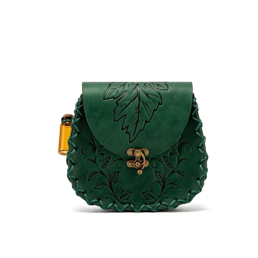 Fantasy Leaf Embossed Leather Waist Bag - Spring Decor,Forest Theme Medieval Cosplay Pouch With Handmade Woven Edge - Màu xanh lá cây đậm - Xem 1