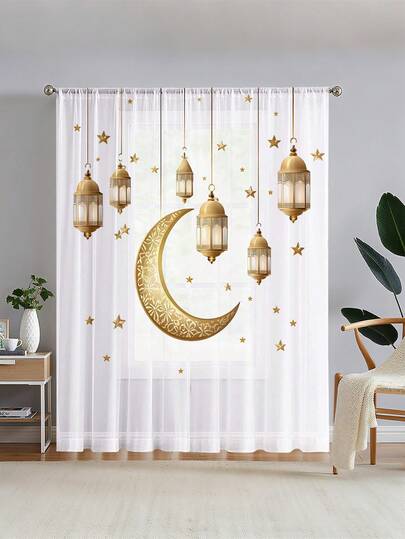 1pc Ramadan Themed Golden Crescent Moon & Star Sheer Curtain, Handmade Rod Pocket Style, Home Decor For Living Room & Bedroom