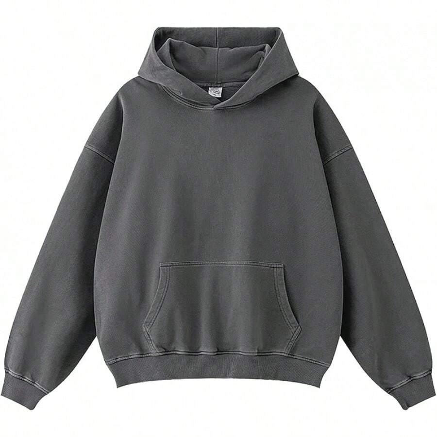 [Free Shipping]Mens Hoodies Oversized Unisex Acid Wash Hoodie Heavyweight Fleece Vintage Cotton Sweatshirt Men Women - A-深灰色 - 查看 1