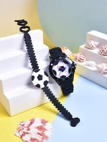 2件套 2026 男童足球石英表，柔软硅胶表带运动腕表，硅胶足球手环 - 黑色 - 查看 7