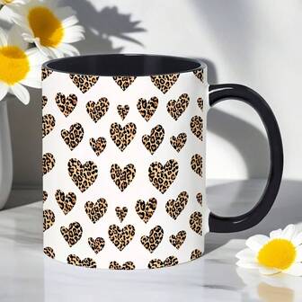1 pieza Taza de cerámica de 11 onzas. Taza de café con estampado de leopardo y corazones. Hermosa y práctica, que satisface las necesidades de hidratación diaria. Un regalo perfecto para familiares y amigos, en días festivos o cumpleaños. Adecuada para el invierno en casa, ir y venir, y ocasiones sociales festivas.