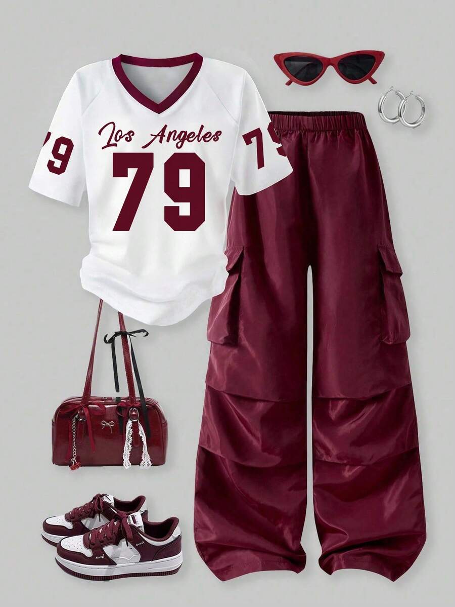 Conjunto de camiseta de manga corta con estampado numérico y pantalones cargo de estilo deportivo casual para adolescentes - Burdeos - Ver 1