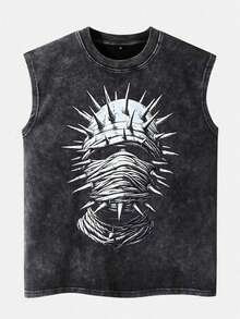 Spiked Mask Printed  Men's Tank Top, 220g Heavyweight Pure Cotton Sleeveless Shirt, Soft And Comfortable Casual Lightweight Crew Neck Top Suitable For Daily Commuting, Gym Workouts, And Outdoor Activities In Spring And Summer. - 黑色 - 查看 1