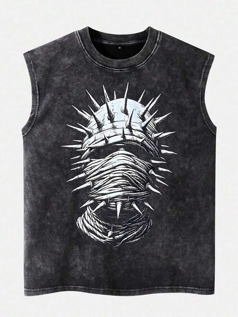 Spiked Mask Printed Men's Tank Top, 220g Heavyweight Pure Cotton Sleeveless Shirt, Soft And Comfortable Casual Lightweight Crew Neck Top Suitable For Daily Commuting, Gym Workouts, And Outdoor Activities In Spring And Summer. - màu đen - Xem 1