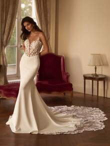 Long Lace Mermaid Train, Deep V Wedding Dress, Sexy Figure-Flattering Spaghetti Strap Bridal Gown, Wedding Dresses For Bride, Elegant And Comfortable, Suitable For Wedding, Party, Vacation, Bride, Formal Occasions, Dinner Dress, Prom Dress, After-Party Dress, Homecoming Dress, Cocktail Party, Birthday Party, Ceremony - 白色 - 查看 3