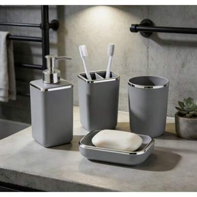 [Bestseller + Mehrfarbige Option] 4 Stücke Badezimmer-Accessoire-Set (5 Farben erhältlich), Kunststoff mit Rand, Seifenspender + Becher + Zahnbürstenhalter + Seifenschale, wasserbeständig für Badezimmer-Waschtisch [Jetzt kaufen + Mega-Rabatt]