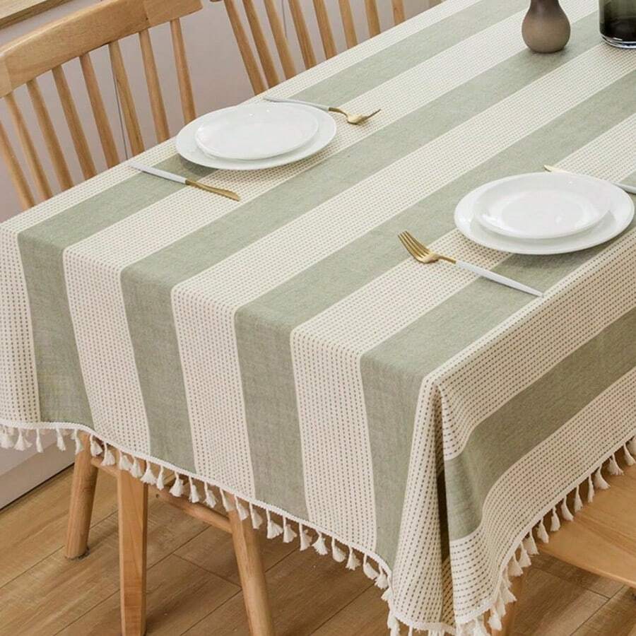 TruDelve - Mantel de mezcla de algodón verde a rayas cuadradas con borla mantel de tela lavable para cubierta de mesa de comedor 139.7 x 139.7 cm verde - Verde - Ver 1